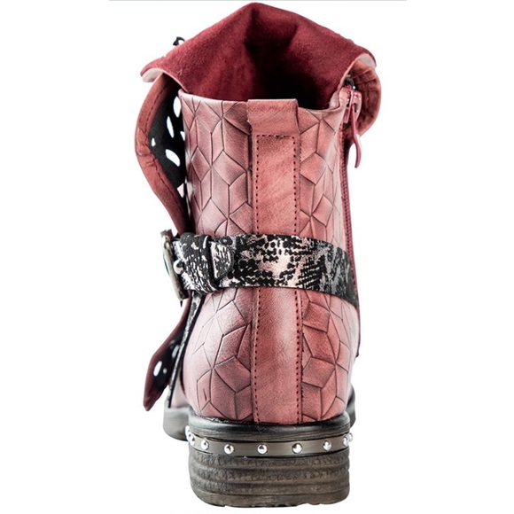 Combat Boots Studded Heels Biker Shoes-Winered - Picture 6 of 7